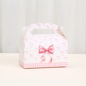 Pink bow printed paper gift box with handle for candy, cakes and party wedding favors