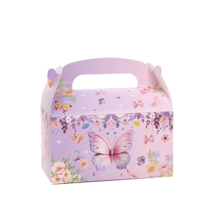Elegant purple pink gradient party favor box with butterfly print and carry handle