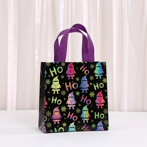 Holographic Santa Claus print non-woven Christmas gift bag with purple handles