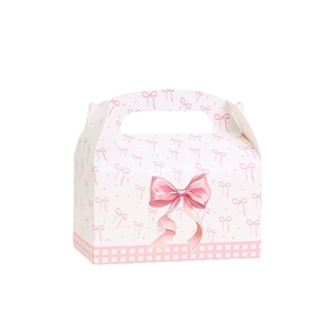 Pink ribbon bow gift box with plaid base and handle for party favors and sweets