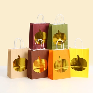 Sac Cadeau en Papier Kraft Motif Citrouille Feuille d'Or Festif Halloween Action de Grâce Pour Emballage de Fête d'Automne