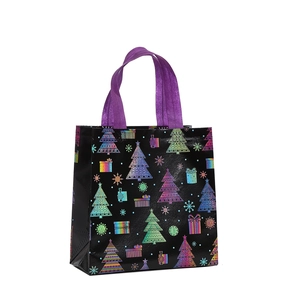 Holographic Christmas non-woven gift bag with rainbow laser tree print and purple handles