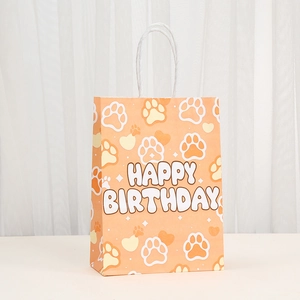 Orange birthday gift bag with cute puppy paw prints and white cotton rope handles