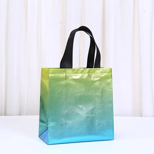 Groen-blauwe laser non-woven geschenktas met stevige zwarte handvatten en geweven structuur