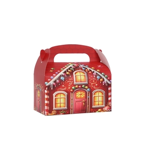 Christmas gingerbread house gift box with festive illustrations and handle for candy packing