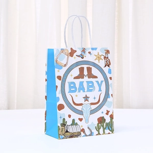 Western cowboy themed paper gift bag with baby lettering and rustic illustrations