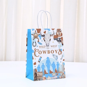 Wild West themed kraft paper gift bag with bull skull and sheriff badge illustrations