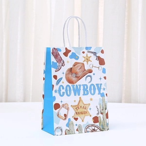 Cowboy theme paper gift bag with Texas Ranger graphics and sturdy white rope handles