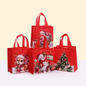 Bolsas de Regalo de Navidad de Tela no Tejida Bolsas Reutilizables Laminadas con Asa Patrón de Papá Noel Muñeco de Nieve Reno Árbol Impermeable Fiesta