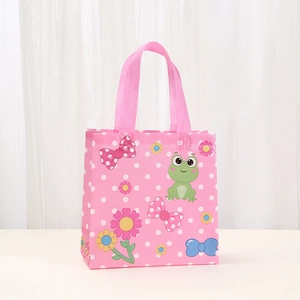 Pink non-woven shopping bag with cute cartoon frog, bow, and daisy floral patterns