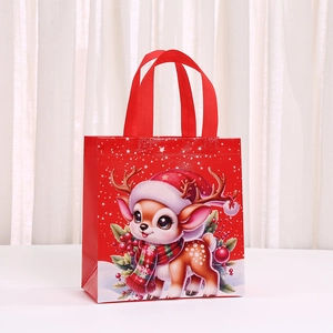 Red Christmas non-woven gift bag featuring a cute reindeer print and sturdy handles