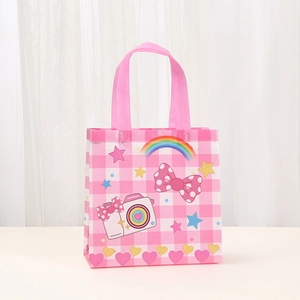 Pink checkered non-woven tote bag with cute cartoon icons and durable handles for shopping