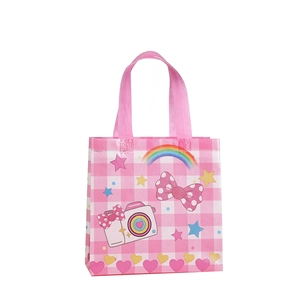 Pink checkered non-woven gift bag featuring rainbow, camera, and heart cartoon patterns