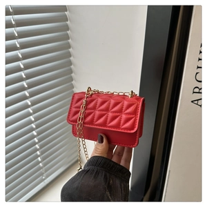 Detailed close-up of a red quilted mini crossbody bag with a golden chain strap