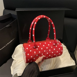 Sac Cylindre Rétro à Pois pour Femmes en Similicuir PU Brillant Sac Boston Classique Sac à Main et Bandoulière Mode