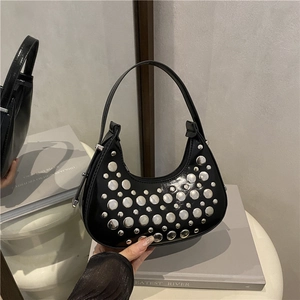 Women Rivet Studded PU Leather Underarm Bag Fashion Half Moon Shoulder Bag Punk Style Casual Tote Purse For Travel Daily