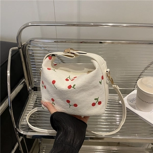 Sweet Cherry Embroidery Corduroy Handbag For Women Vintage Shoulder Crossbody Bag With Adjustable Strap Mini Tote Bag