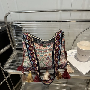 Women's Ethnic Bohemian Shoulder Bag Jacquard Embroidery Tassel Crossbody Bag With Wide Geometric Strap For Travel Daily Fashion