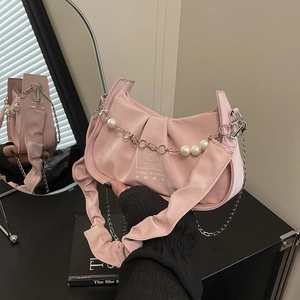 Chic pink ruched shoulder bag with decorative pearls and silver chain strap details
