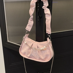 Pink pleated shoulder bag with pearl floral chain and branded heart print for women