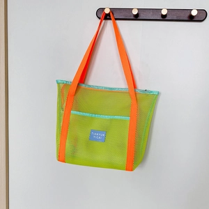 Neon green mesh tote bag with orange straps for kids fitness and outdoor storage