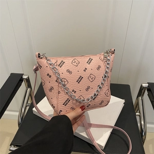 Women Cartoon Bear Pattern Bucket Bag PU Leather Letter Print Shoulder Crossbody Bag With Metal Chain Strap For Daily Casual