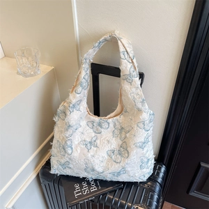 Large Capacity Fabric Tote Bag With Butterfly Heart Polka Dot Pattern Casual Fringe Texture Shoulder Bag For Women Daily Shopping