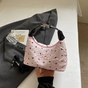 Korean Style Fashion Bow Pattern Seersucker Shoulder Bag For Women Sweet Pink White Handbag Underarm Hobo Bag Daily Casual Top Handle Bag