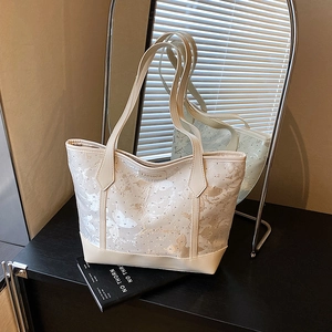 Women New Chinese Style Tote Bag Large Capacity PU Leather Butterfly Print Rhinestone Shoulder Bag Daily Commute Handbag
