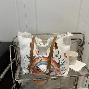 Large Capacity Canvas Tote Bag For Women Artistic Butterfly Peacock Floral Print Fringed Edge Shoulder Bag With Leather Handles