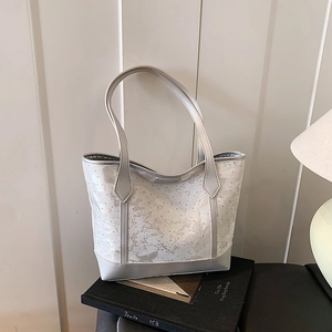 Silver-gray tote bag with butterfly prints and subtle rhinestone accents for women