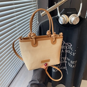 Women Fashion Canvas Woven Bucket Bag Large Capacity Contrast PU Patchwork Shoulder Crossbody Bag For Summer Daily Use