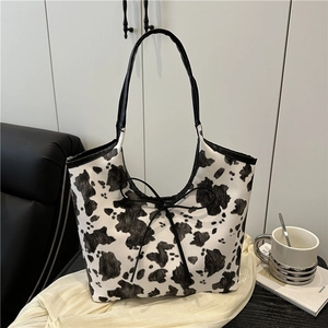 Damen Kuhdruck PU Leder Tragetasche Mit Schleife Großraum Casual Schultertasche Retro Koreanischer Stil Handtasche