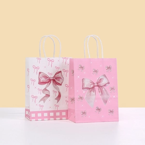 Pink Bow Print Paper Gift Bags With Handles White Cardboard Girly Style For Birthday Party Wedding Favor Wrapping