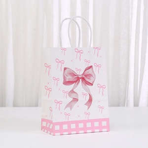 Pink bow printed paper gift bag with white twist handles and checkered bottom design