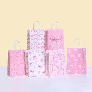 Sacs Cadeaux en Papier Kraft avec Nœud Rose Style Doux de Fille Sacs d'Emballage Portables pour Anniversaire Mariage Sacs en Papier