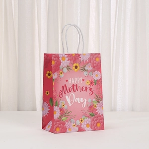 Floral Happy Mother's Day kraft paper gift bag with white rope handles on white background