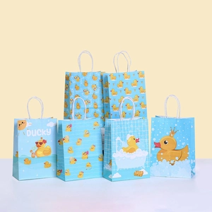 Little Yellow Duck Cartoon Gift Paper Bag Light Blue Kids Birthday Party Favor Candy Treat Packaging Bag With Handles