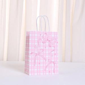 Bolsa de regalo a cuadros rosas con lazo y asas de cuerda blanca para fiestas dulces