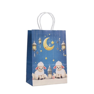 Blue Eid Mubarak kraft paper gift bag with cartoon sheep and moon illustrations