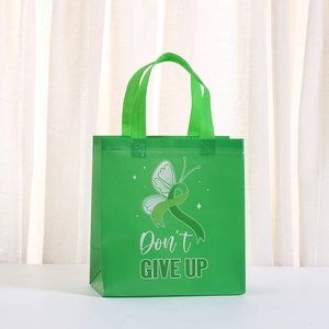 Waterproof non-woven green gift bag featuring a Don't Give Up slogan and butterfly print