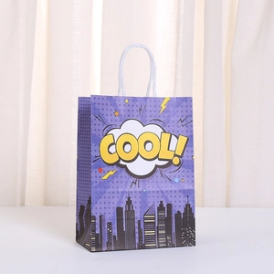 Comic style city hero gift bag with 'COOL!' text on blue pop art kraft paper bag
