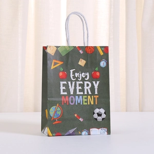 Cartoon school sports theme green kraft gift bag with Enjoy Every Moment text and rope handle