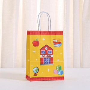 Yellow school-themed kraft paper gift bag with school building and cartoon icons
