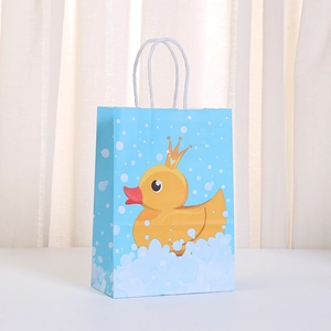 Light blue little duck cartoon paper gift bag with crown pattern and white rope handles