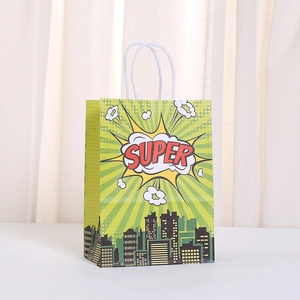 City hero themed kraft paper gift bag with Super text and urban skyline silhouette