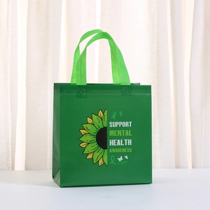 Green non-woven waterproof shopping bag with sunflower print for mental health awareness