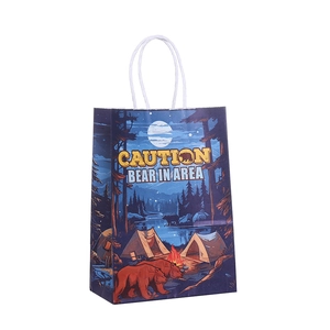Bolsa de regalo de papel con diseño de camping, ilustración de bosque y asas blancas