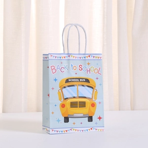 Back to School paper gift bag with yellow school bus illustration and blue background