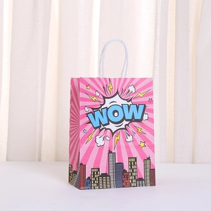 Pink pop art gift bag with WOW comic design and city silhouette for parties